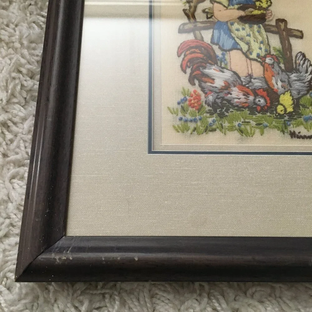 Vintage Hummel Needlework Girl Feeding Chickens Fowls 3-D Embroidery Framed - Picture 9 of 12
